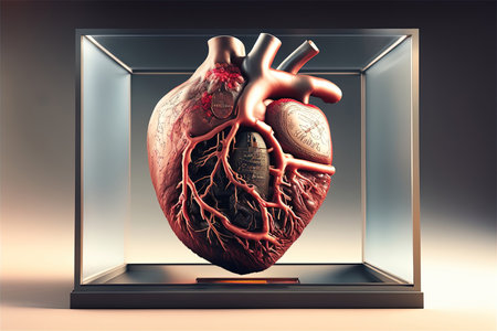Human heart in a glass vase on a dark background. 3d illustrationの素材