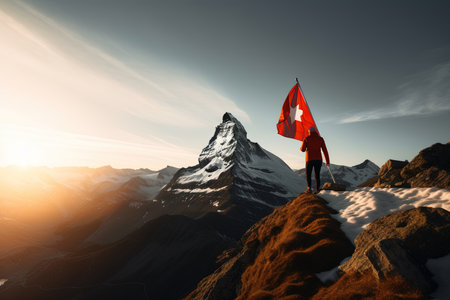Tourist with Swiss flag on the top of a mountain. 3D renderingの素材