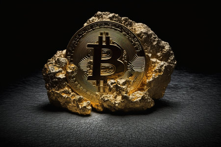 Golden bitcoin on the background of a stone. Cryptocurrency concept.の素材