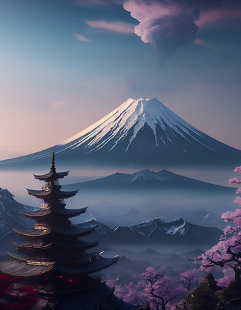 Mt. Fuji with pagoda and cherry blossom in springの素材