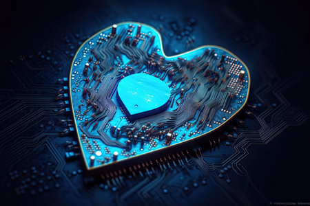 Computer chip in the shape of a heart on a dark blue backgroundの素材