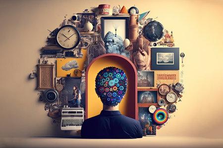 Man with head made up of different media icons. Technology and innovation conceptの素材