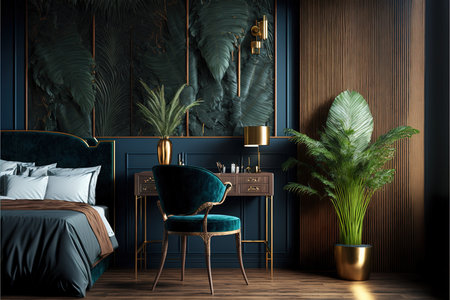 Luxury bedroom interior with dark blue walls, wooden floor, black master bed with green armchair, round coffee table and decorative plants. 3d renderingの素材