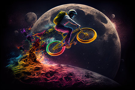 Silhouette of bmx rider in action against planet earth backgroundの素材
