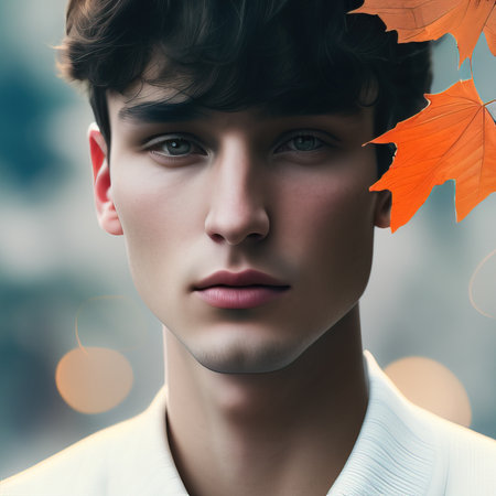 Portrait of handsome young man with autumn leaves on his face.の素材