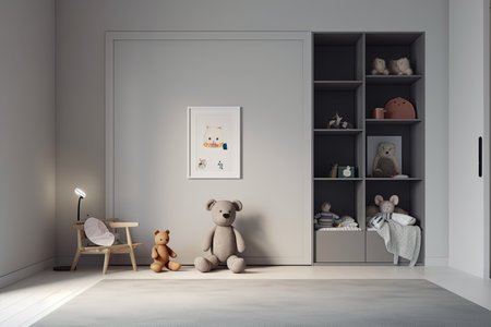 Interior of child room with white walls, teddy bear and wooden furniture. 3d renderの素材