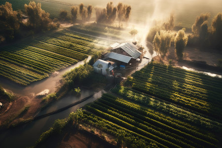 Aerial view of agricultural fields with tractor in the morning fog.の素材