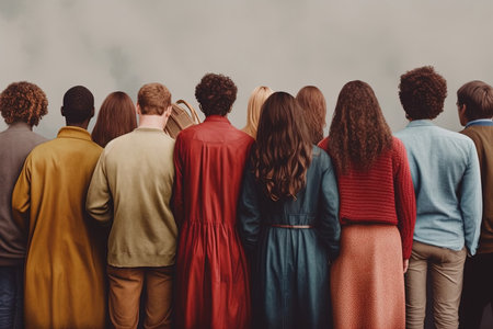 Rear view of group of people standing in line against grey backgroundの素材