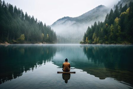A man sitting on a boat and looking at the mountain lake.の素材