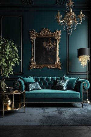 Classic blue sofa in classic interior with black walls, concrete floor, classic armchair and golden frame.3d renderの素材