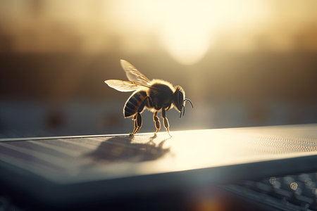 Honey bee on the roof at sunset. Close-up.の素材