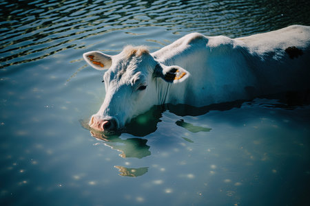 Cow in the water. Selective focus. Shallow depth of field.の素材