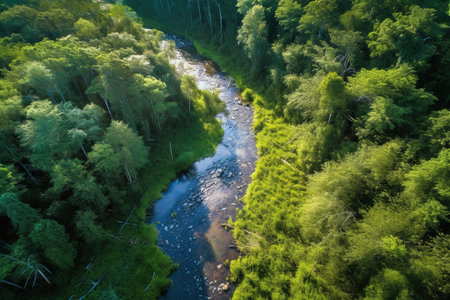 Aerial view of a small river in the middle of green forestの素材