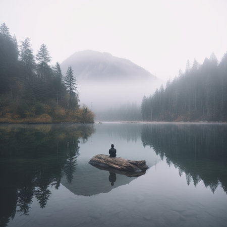 Lonely man sitting on a log on a lake in the mistの素材