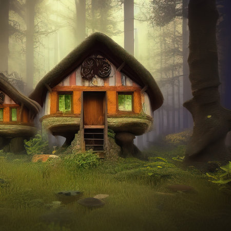 Fantasy wooden house in the forest. 3d render illustration.の素材
