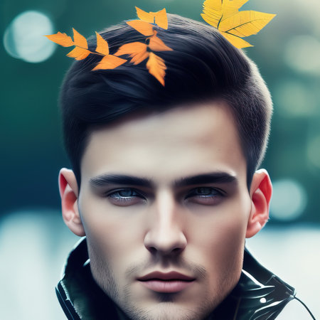 Young handsome man with autumn leaves on his head. Autumn fashion.の素材