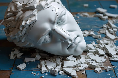 The white mask lies on the floor. The concept of tragedy and sorrow.の素材