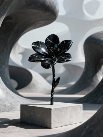 A polished black marble flower sculpture, featuring delicate white veins, is prominently displayed on a concrete block within an abstract, curving architectural space.の素材