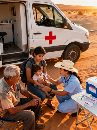 A healthcare worker wearing scrubs and a cowboy hat takes a baby's temperature from a mobile clinic in a sandy desert.の素材