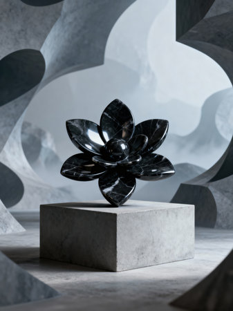 A polished black marble lotus sculpture with white veins stands on a concrete pedestal in a minimalist abstract gray environment.の素材