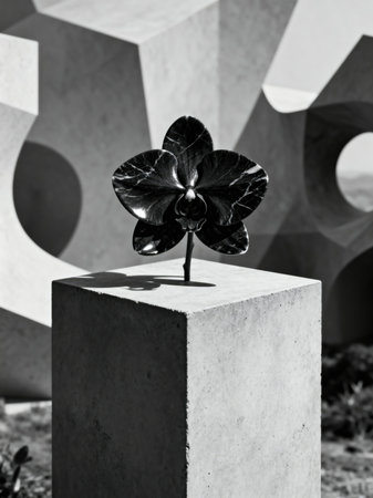 A black and white image features a stylized marble orchid resting on a textured concrete block, set against abstract geometric shapes.の素材