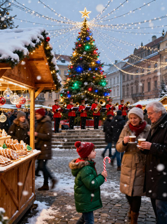 Snowflakes fall on a lively Christmas market, where a brass band plays, and visitors shop and enjoy hot drinks.の素材