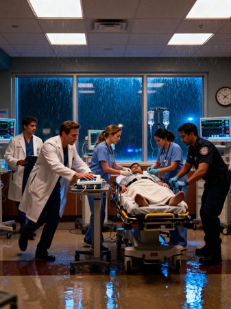 A team of medical professionals provides urgent care to a patient on a gurney inside a rain-affected hospital emergency room.の素材