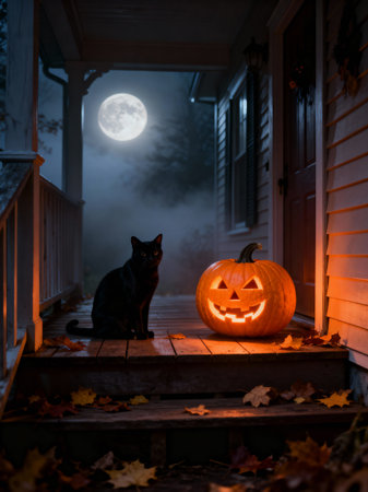 A black cat sits next to a glowing carved pumpkin on a wooden porch, illuminated by a full moon and fog at night.の素材