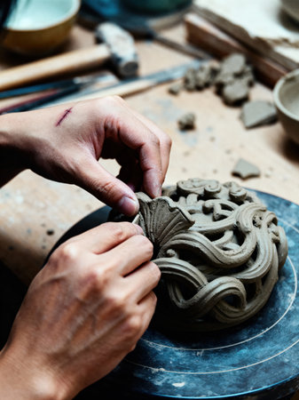 A close-up view shows an artisan's hands carefully shaping intricate patterns on a round clay piece in a workshop.の素材