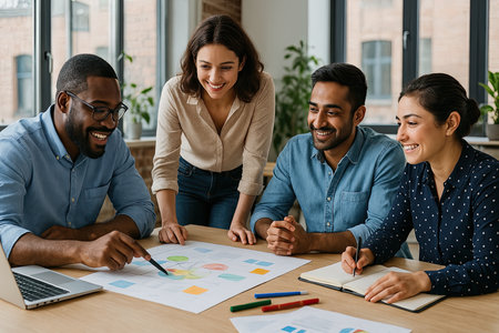 A diverse group of cheerful professionals collaborates on a project, analyzing data charts and brainstorming ideas during an office meeting.の素材