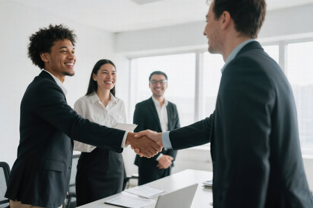 A professional handshake between two smiling men in an office, with various team members observing in the background.の素材