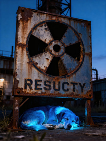 A blue-glowing dog sleeps curled up under a heavily rusted sign featuring a propeller-like symbol and the word 'RESUCTY' at dusk.の素材