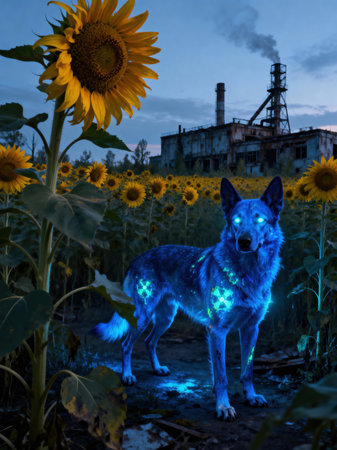 A blue, luminescent dog with glowing radiation symbols stands in a sunflower field near a decaying industrial building at dusk, hinting at environmental impact.の素材