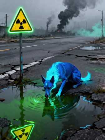 A blue dog with glowing fur drinks from a luminous green puddle next to a radiant radiation warning sign in a bleak, polluted environment.の素材