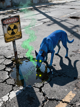 A mutated blue dog with glowing eyes drinks contaminated water from a puddle near a radioactive danger sign.の素材