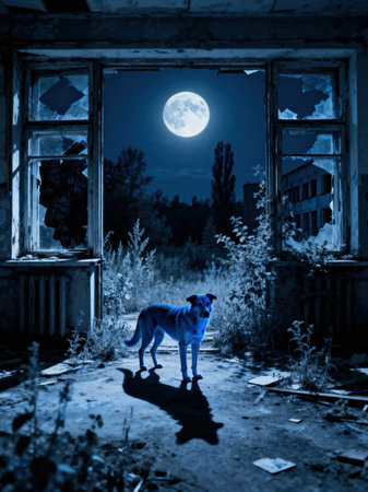 A glowing blue dog stands inside a derelict building with broken windows, illuminated by a bright full moon and overgrown vegetation.の素材