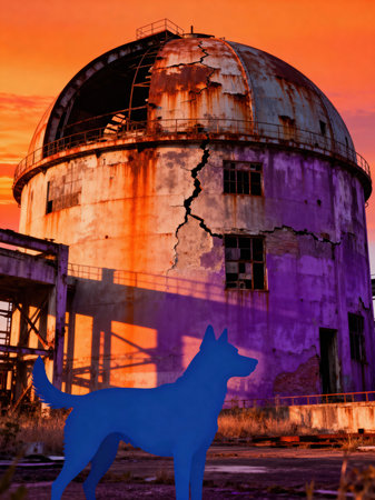 A symbolic blue dog stands in front of a heavily damaged nuclear reactor building, painted in purple light under an orange sky.の素材