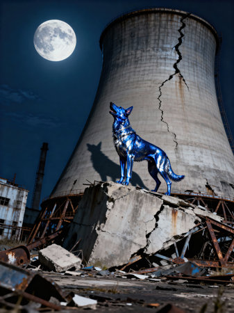 Metallic blue wolf howls at a full moon over industrial ruins and a massive, fractured nuclear cooling tower at night.の素材