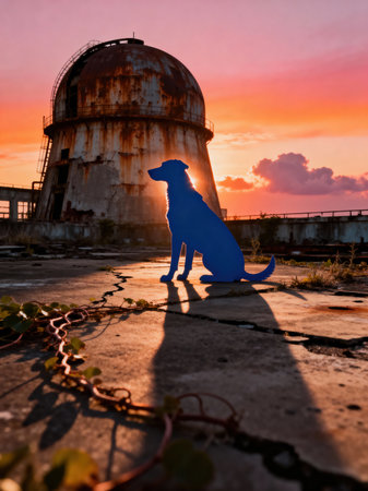 A blue dog silhouette sits on cracked ground, backdropped by a vivid sunset and a severely rusted, dilapidated industrial dome.の素材