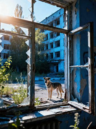 A stray dog stands outside a dilapidated blue building, observed through a broken window frame with peeling paint.の素材