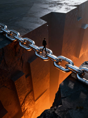 A man in a black suit walks carefully along a huge metal chain stretched across a deep, glowing orange chasm.の素材