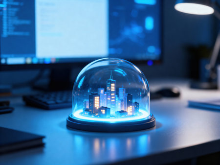 A miniature, illuminated smart city model within a glass dome sits on a modern desk, surrounded by blurry computer monitors in a home lab setting.の素材