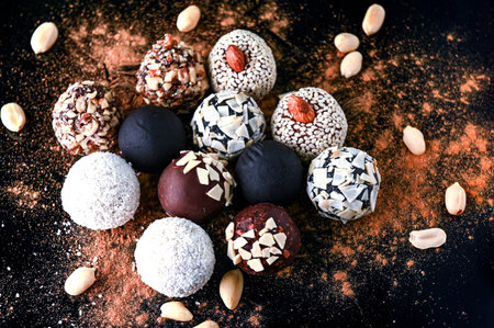 Composition of round homemade candies in dark key. Healthy organic energy balls.