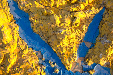 Yellow and blue cracked wall surface. Grunge background with texture of stucco