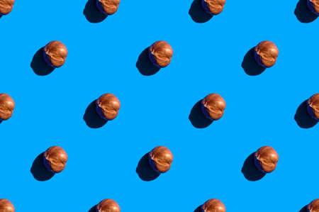 Hazelnuts background. A trendy sunlight pattern made of hazelnuts against a bright blue background. Colorful pattern. Top viewの写真素材