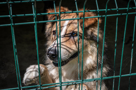 Homeless dogs in the shelter in a cage behind bars. Dog behind the netの写真素材
