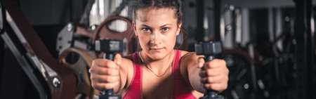 Young woman with dumbbells in the gym. Portrait of young attractive woman in sport clothes holding weight dumbbell doing fitness workout. Banner designの写真素材
