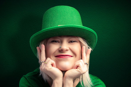 Portrait of beautiful smiling woman wearing green hat on dark green background. St. Patrick's Day conceptの写真素材
