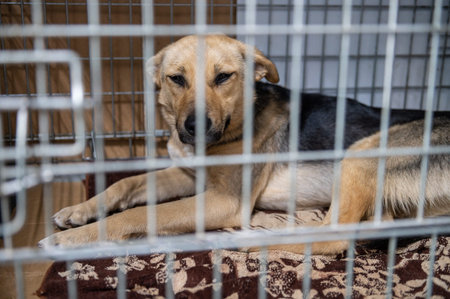 Young homeless dog in an animal shelter. portrait of homeless dog.