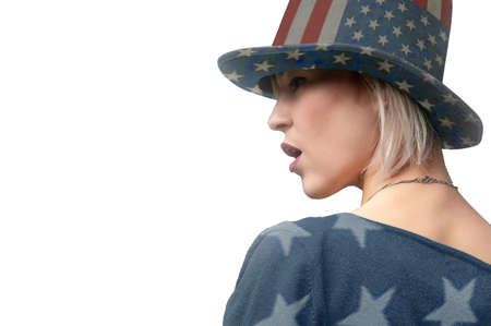 Woman wearing hat with american symbols. Beautiful beauty woman celebrating USA national traditional holiday. white background. holiday conceptの写真素材